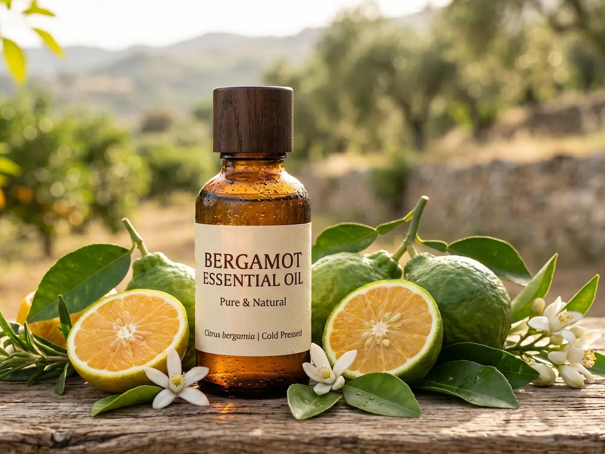 Amber essential oil bottle labeled Bergamot surrounded by fresh bergamot citrus fruits, white blossoms and green leaves on a rustic wooden surface