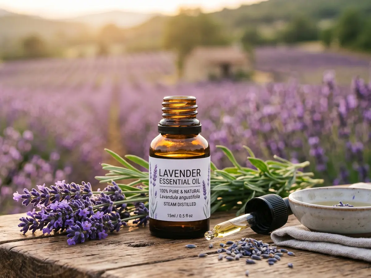 Fresh lavender sprigs with purple flowers and an amber essential oil bottle on a linen background